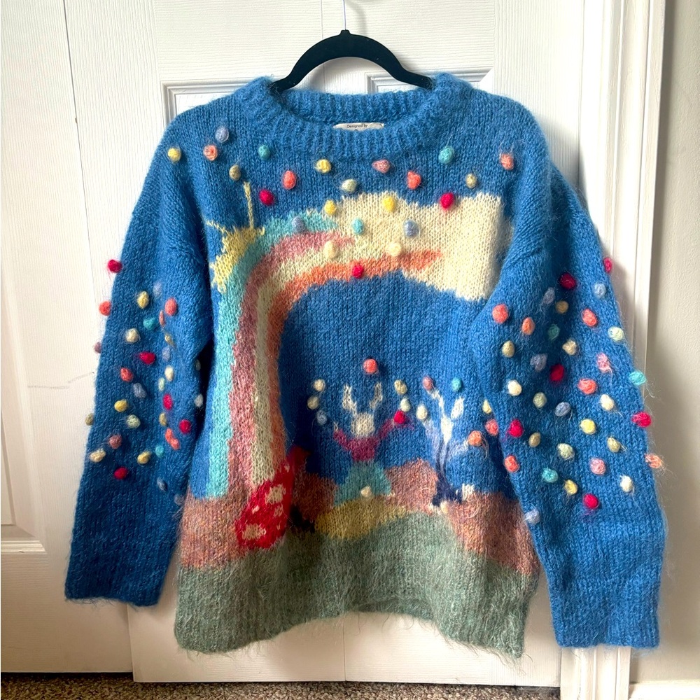 Susie Lee designed hand knitted mohair oversized sweater holiday pompom sz M